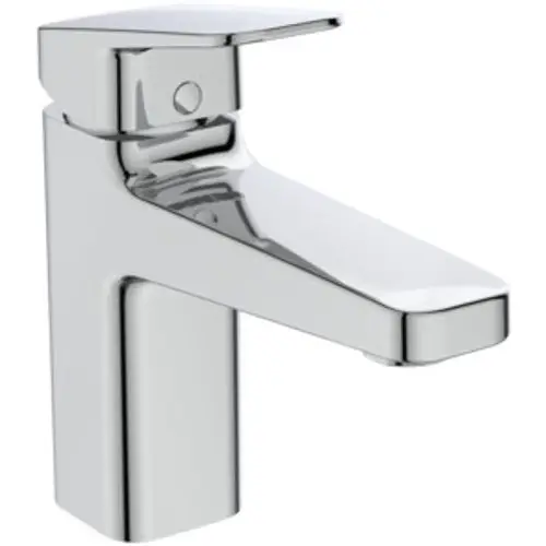 Chromfarbene Waschtischarmatur mit flachem Auslauf und Hebel, hergestellt von Ideal Standard. Eignet sich für moderne Badezimmer.